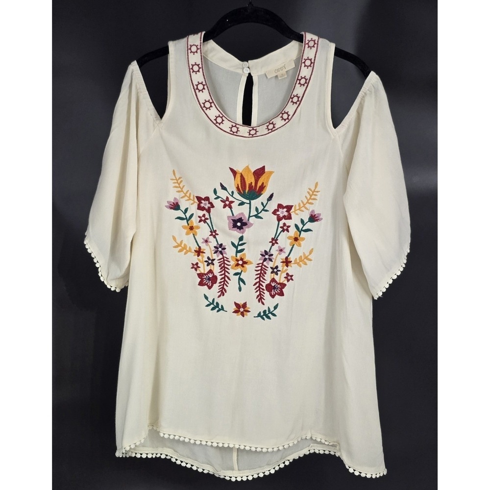 Oddy Cold Shoulder Pom Pom Embroidered Cottagecore Festival Top Women's Small